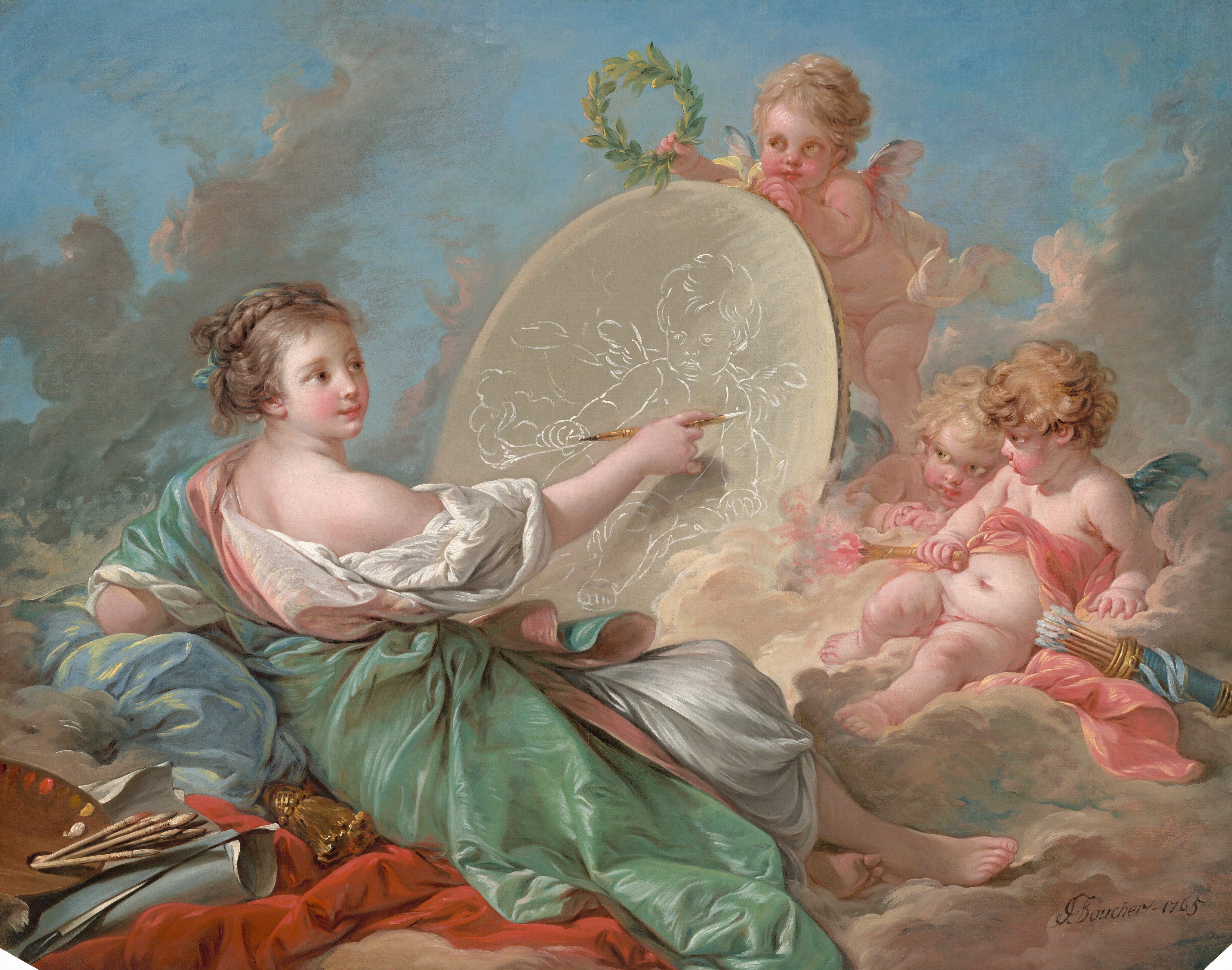 雲の上の女性が楕円形の画布に幼児の姿を描き、足元にパレットと筆が置かれている。