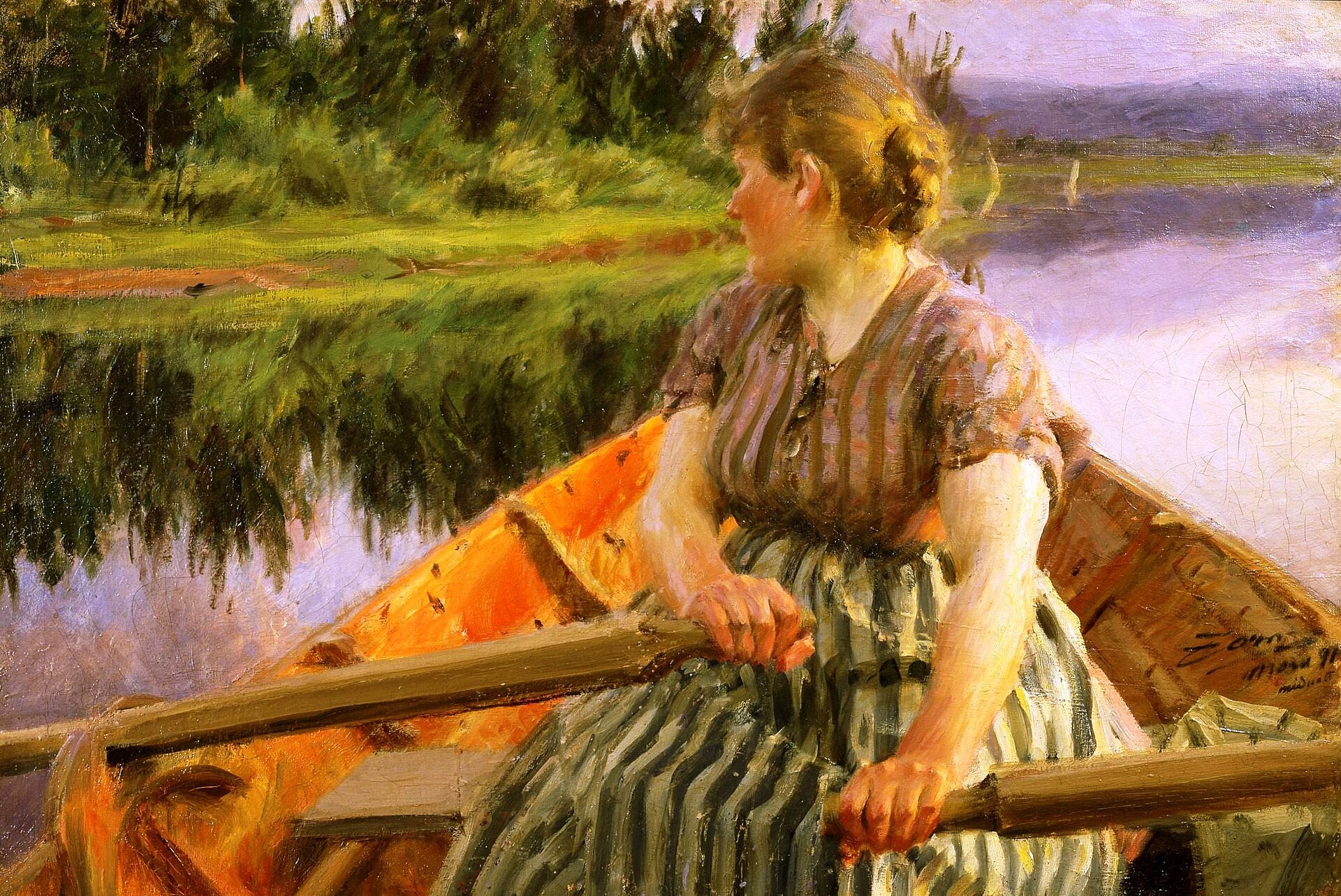 北欧の夏の明るい夜、女性が舟をこぐ。