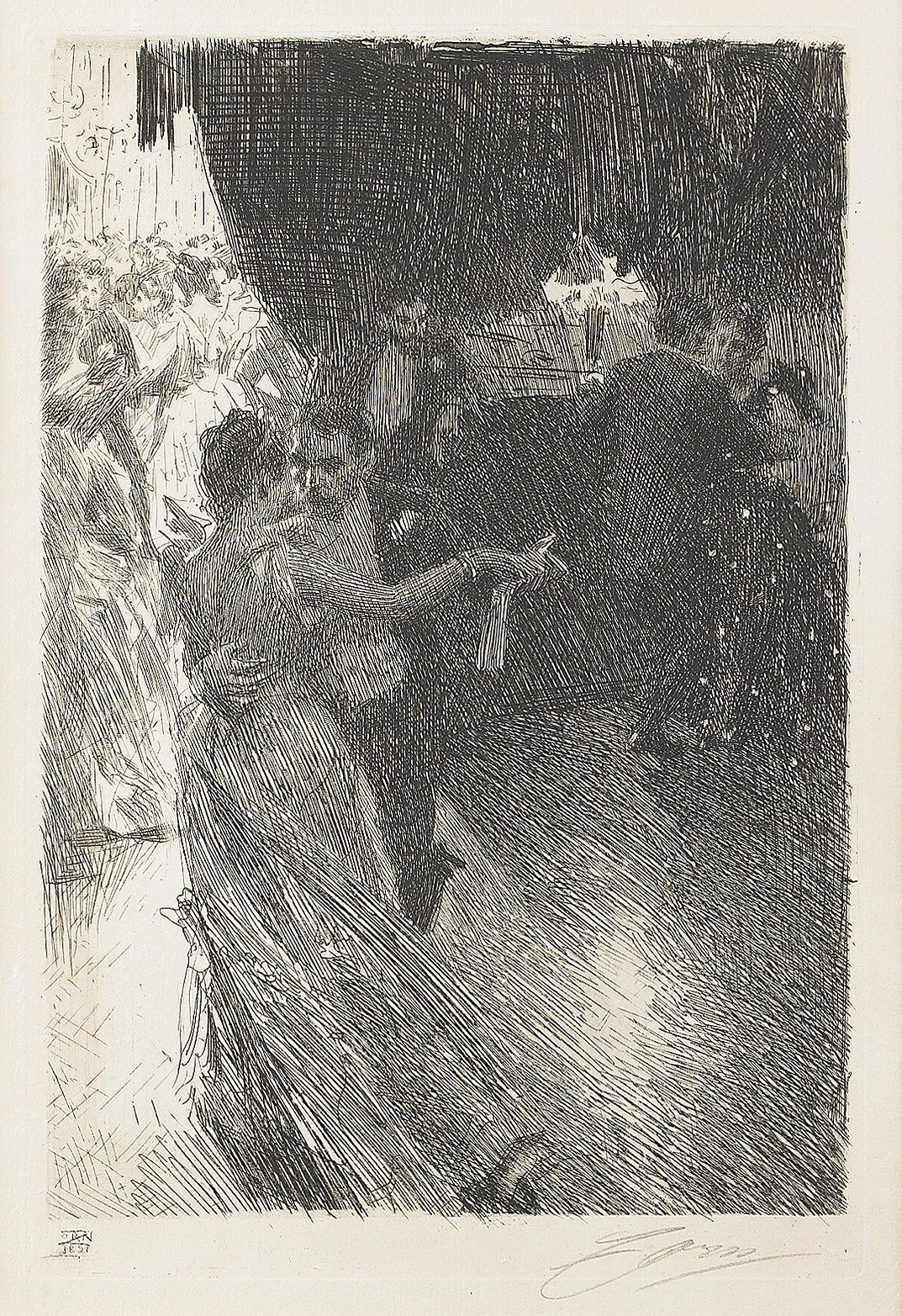 夜会で踊る男女を線で描いた版画。