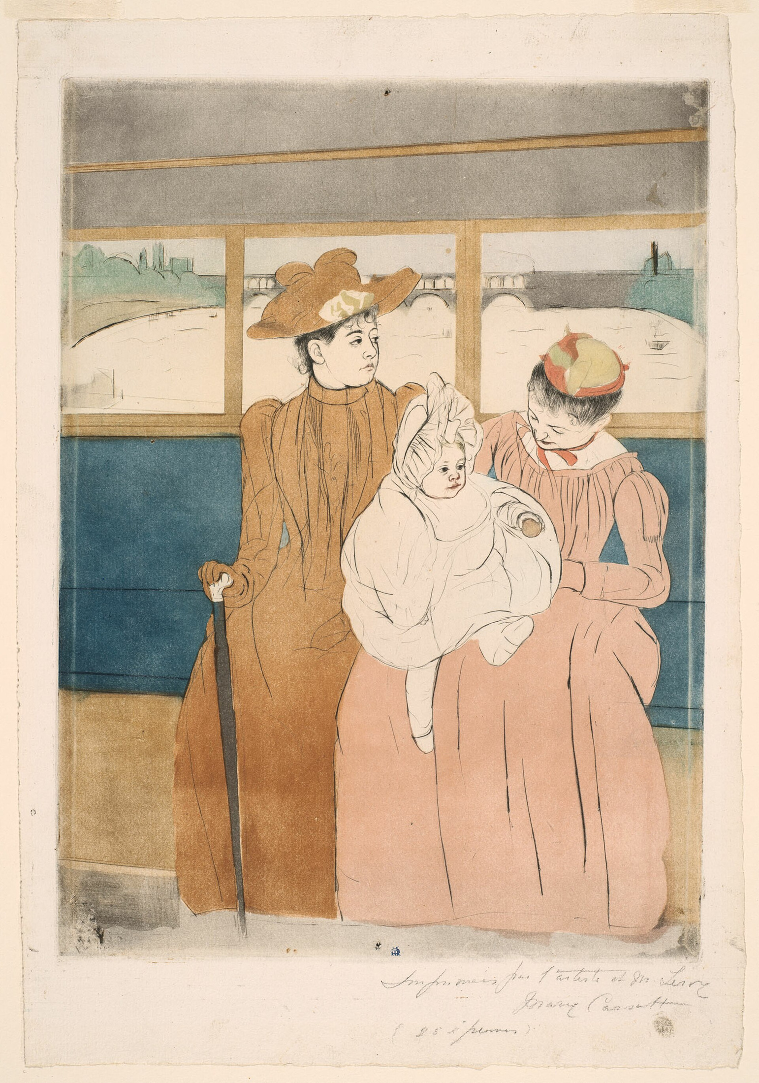 乗合馬車の座席に二人の女性と幼い子どもが並ぶ。窓の外には橋と遠くの建物が見える色刷り版画。