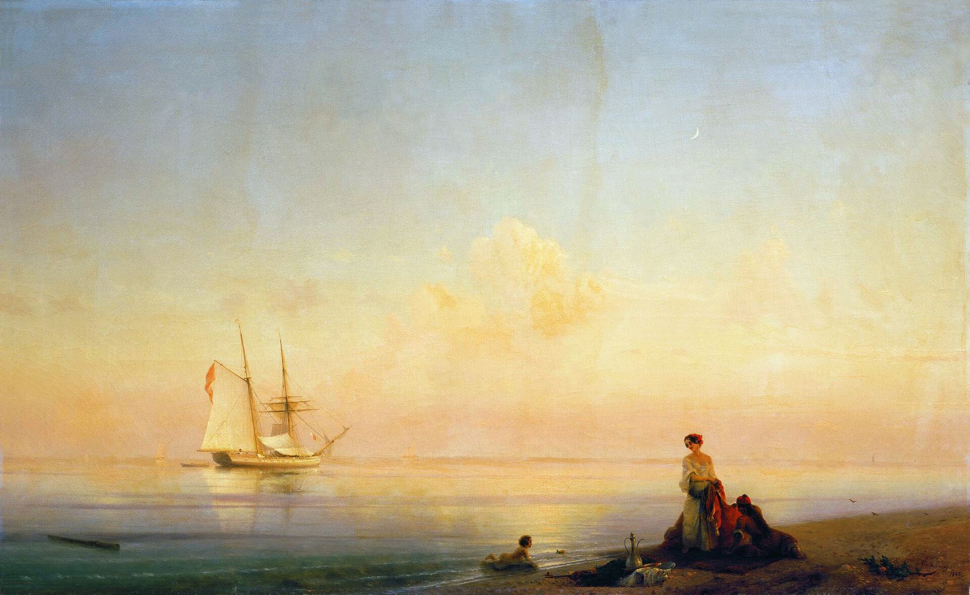 穏やかな海に小さな帆船が浮かび、右手の岸に人々が集まる。