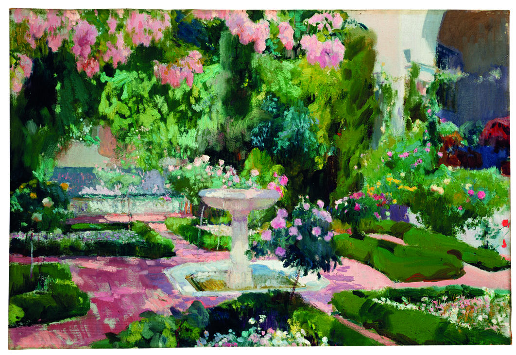 マドリードのソローリャの家の前庭を描く。中央には白い噴水とその周りの植え込み、奥にはタイルのベンチ、右には建物のアーチの一部が見える。花々が垂れ、人のいない庭を色で満たす。