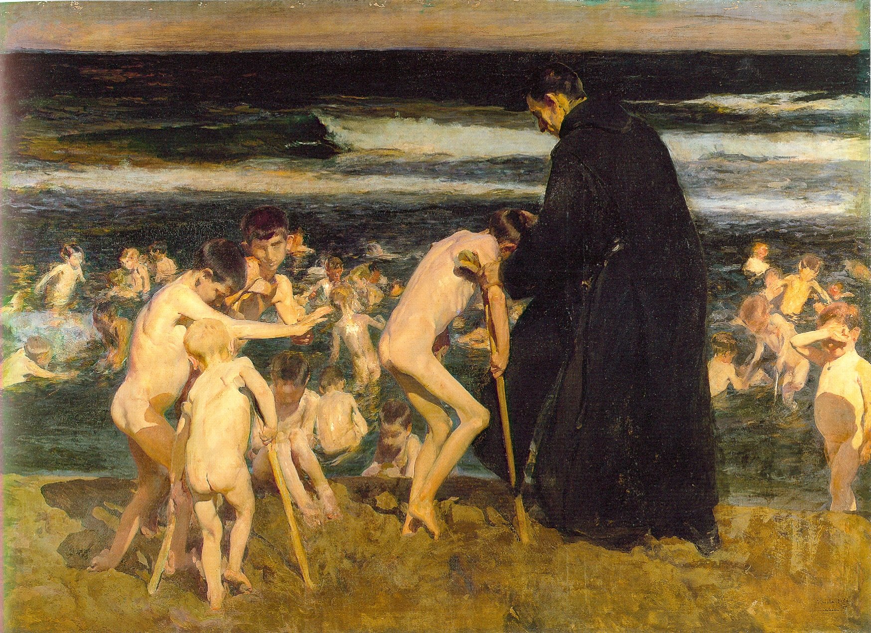 海辺で黒衣の修道士が子どもたちを水へ導く。