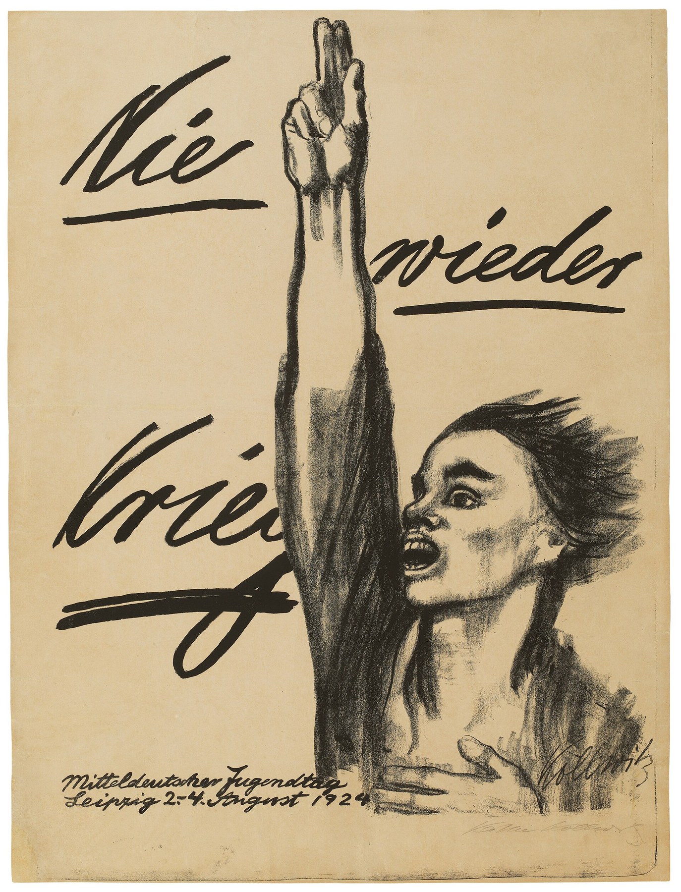 若者が片手を高く上げ、「Nie wieder Krieg」の文字を背に叫ぶ。