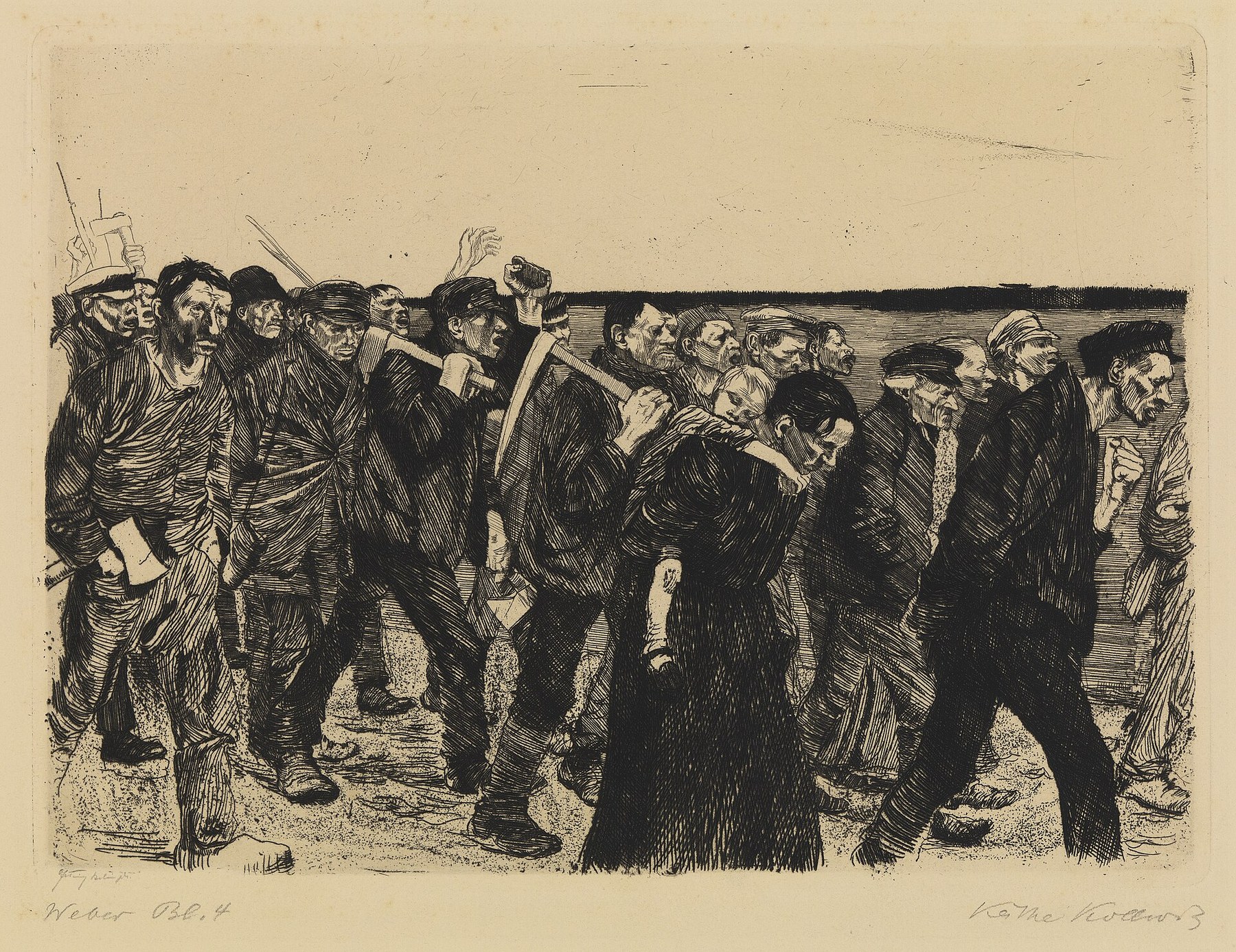 痩せた織工たちが道具を持って列になり、前へ歩く。