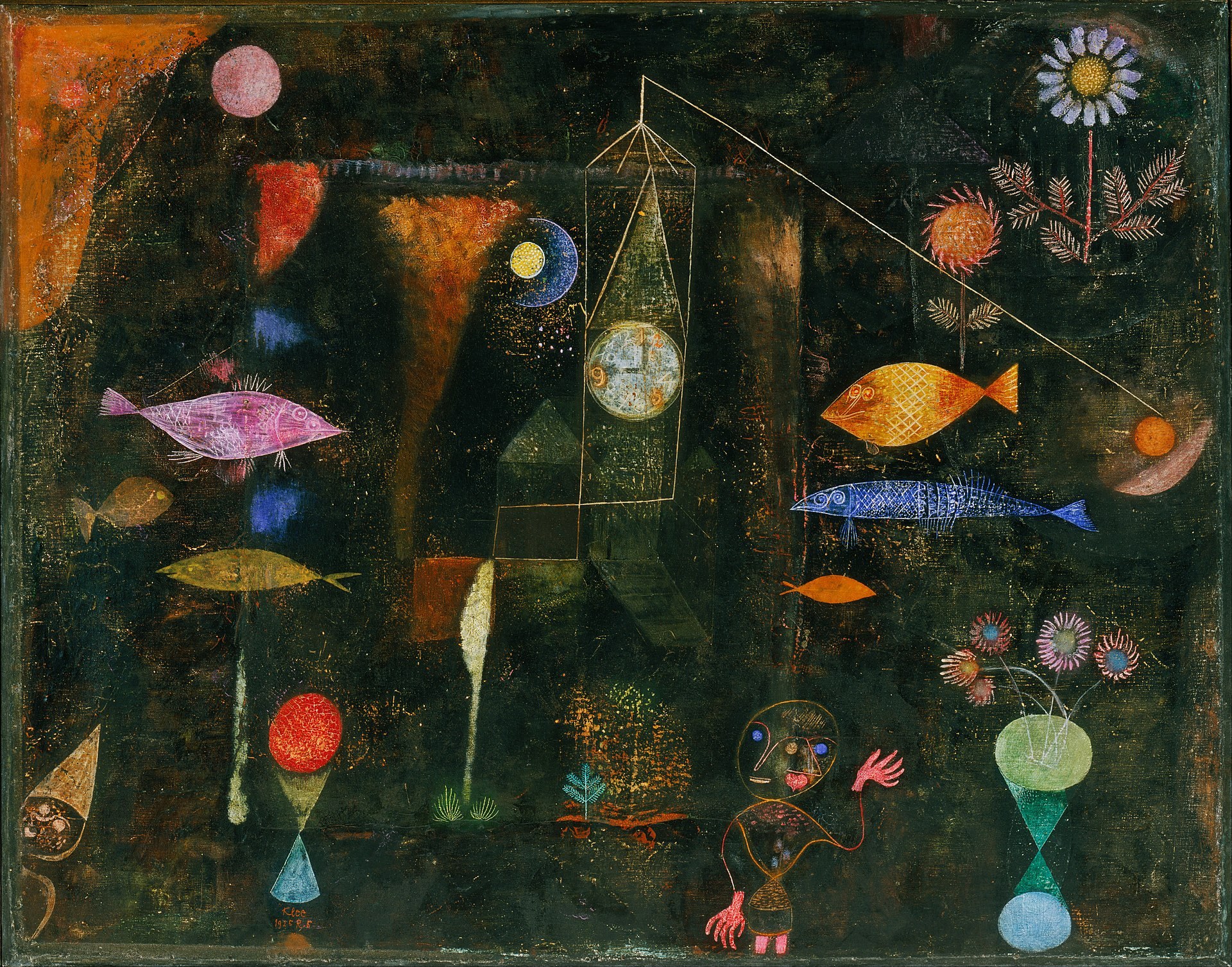 暗い画面に魚、花、人物、時計塔、星のような形が浮かび、現実の上下が混ざり合う。
