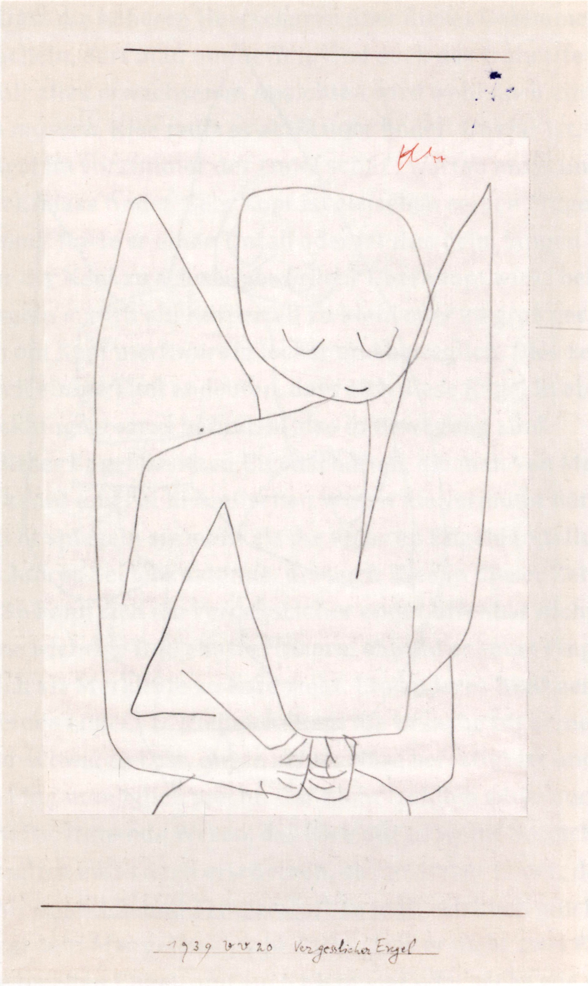 細い鉛筆の線で、羽のある人物が描かれています。