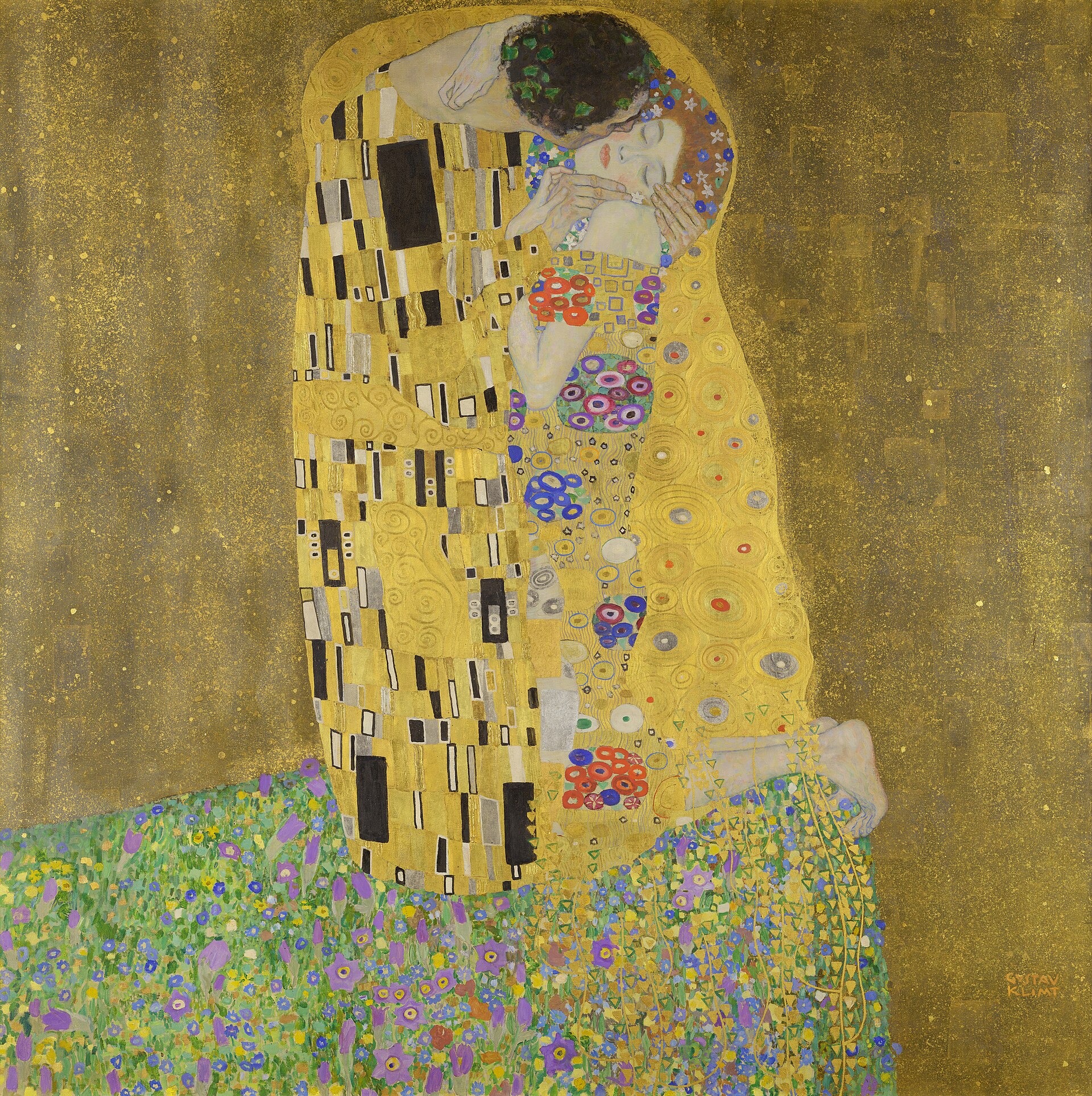 花の咲く崖の縁で、金色の衣をまとった二人が抱き合う。男性は女性の顔へ口づけし、女性は目を閉じる。