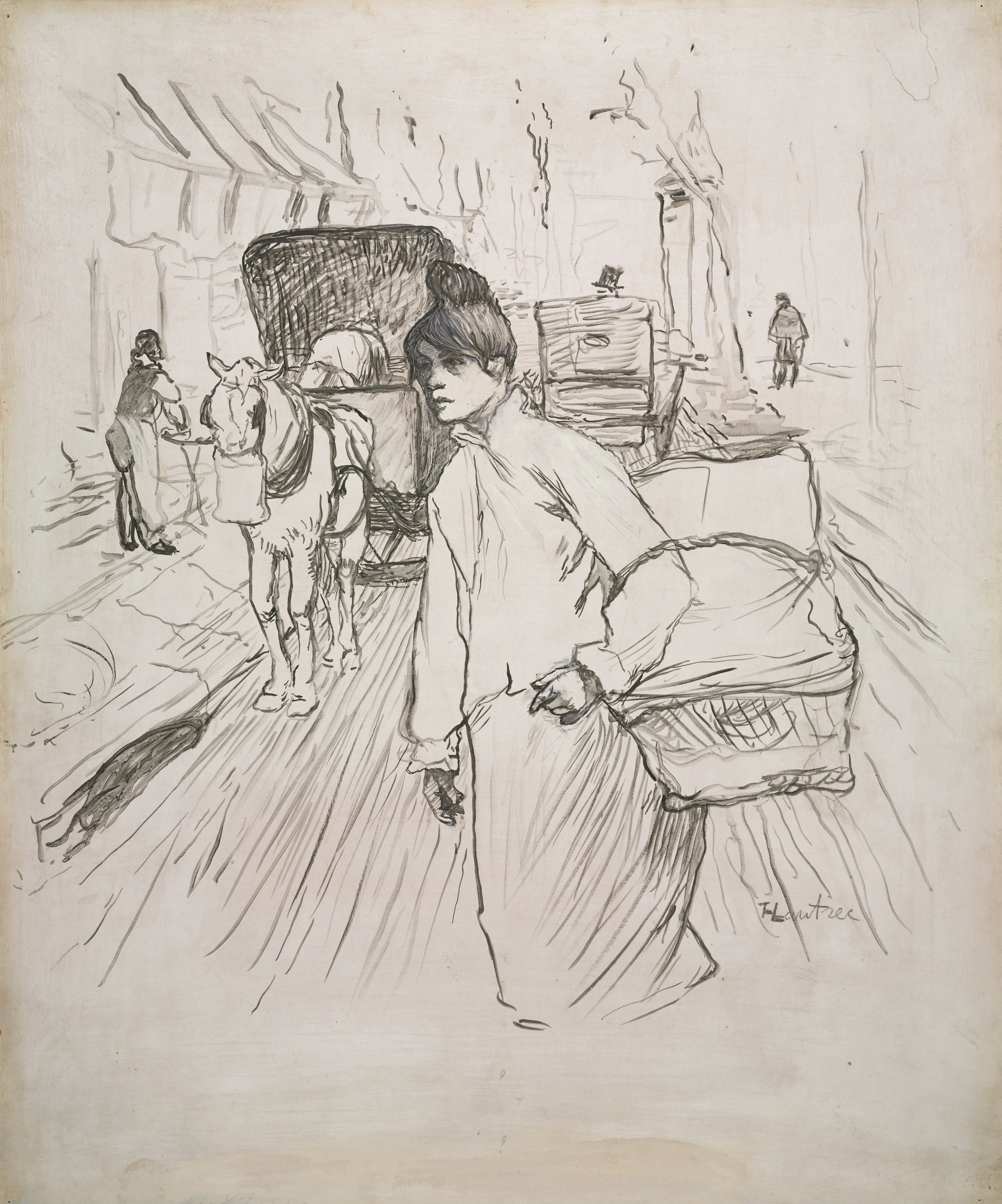 籠を抱えた女性が通りを歩く姿を、黒、灰色、白の調子で描いた作品です。