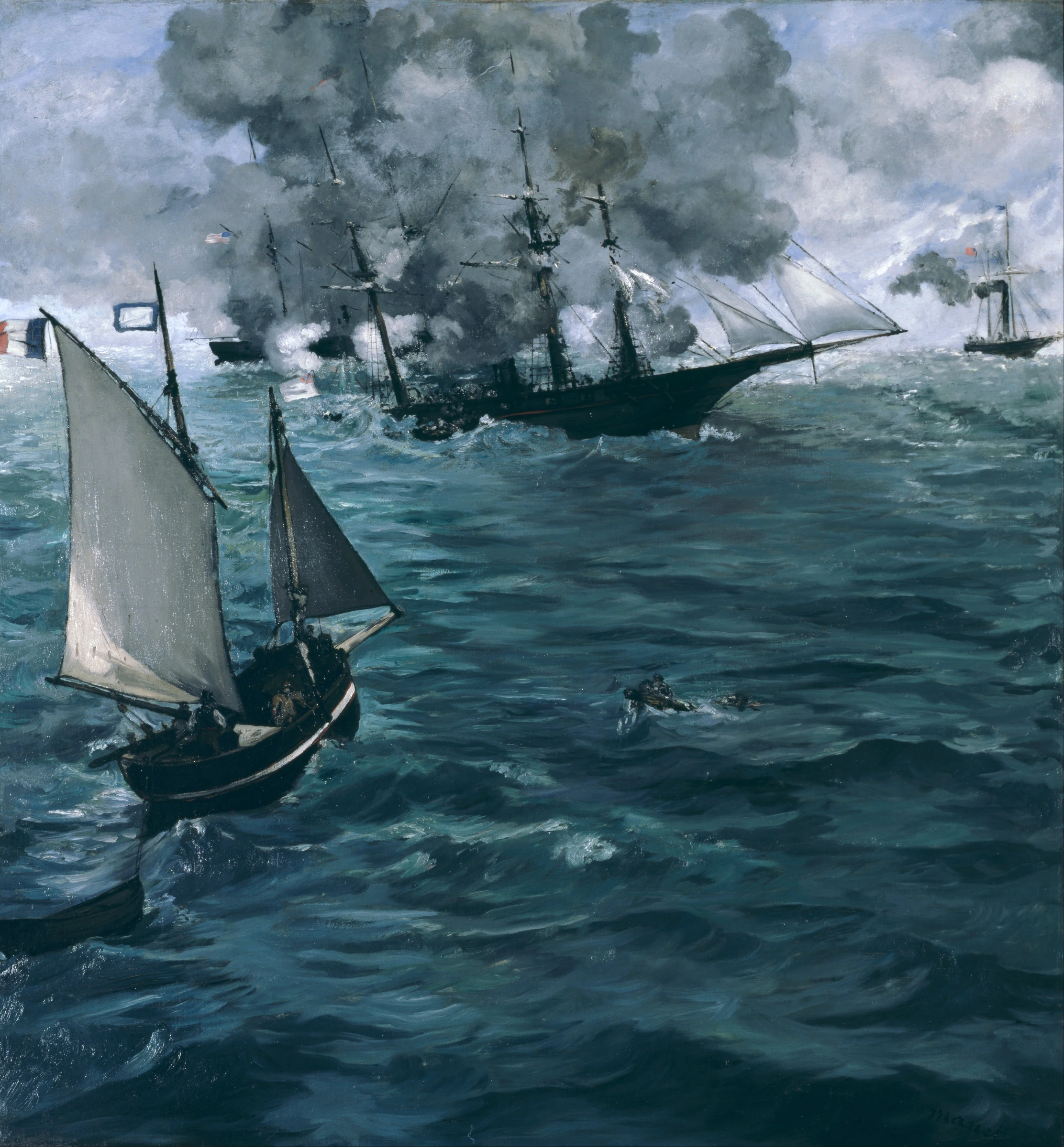 波立つ海の向こうで、二隻の軍艦が戦っています。