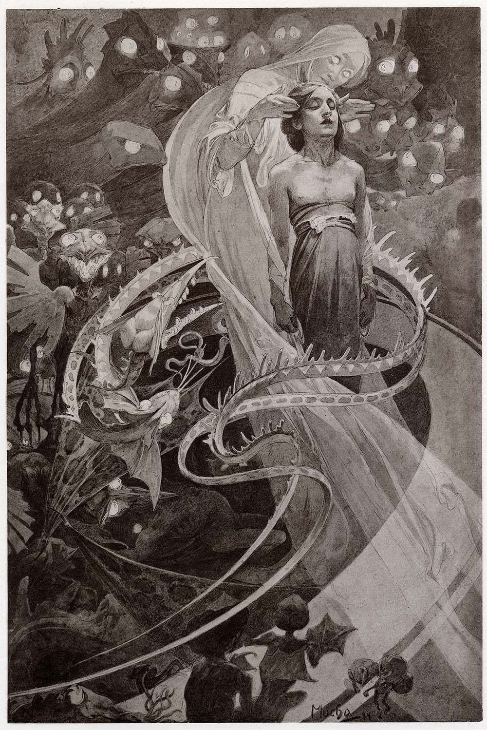 《主の祈り》の白黒の挿絵。目を閉じた人物の後ろに明るい衣の人物が立ち、周囲に大きな目や牙を持つ怪物のような形が広がる。