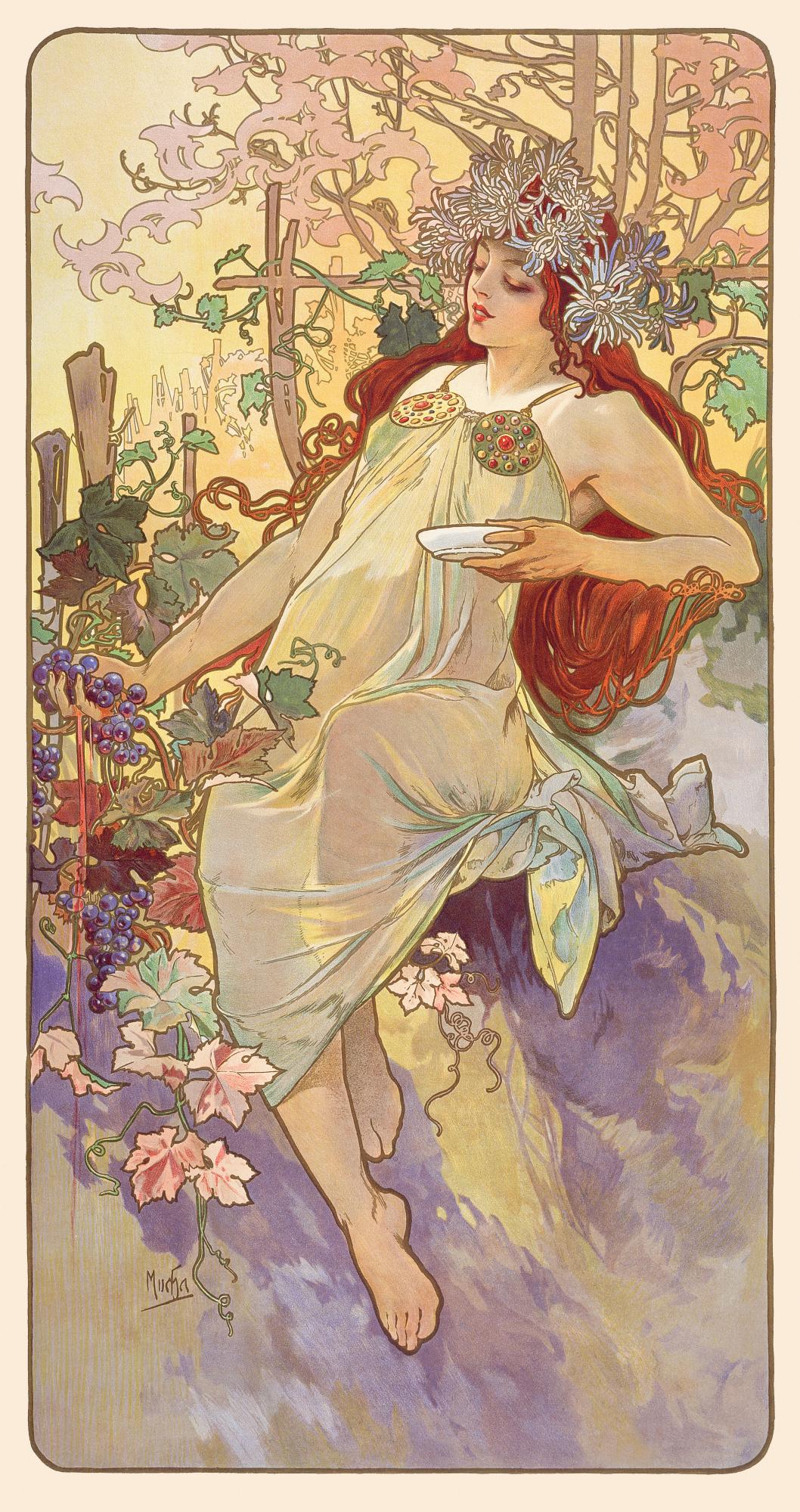 菊の花冠をつけた女性が、ブドウと杯を手にする縦長の版画。