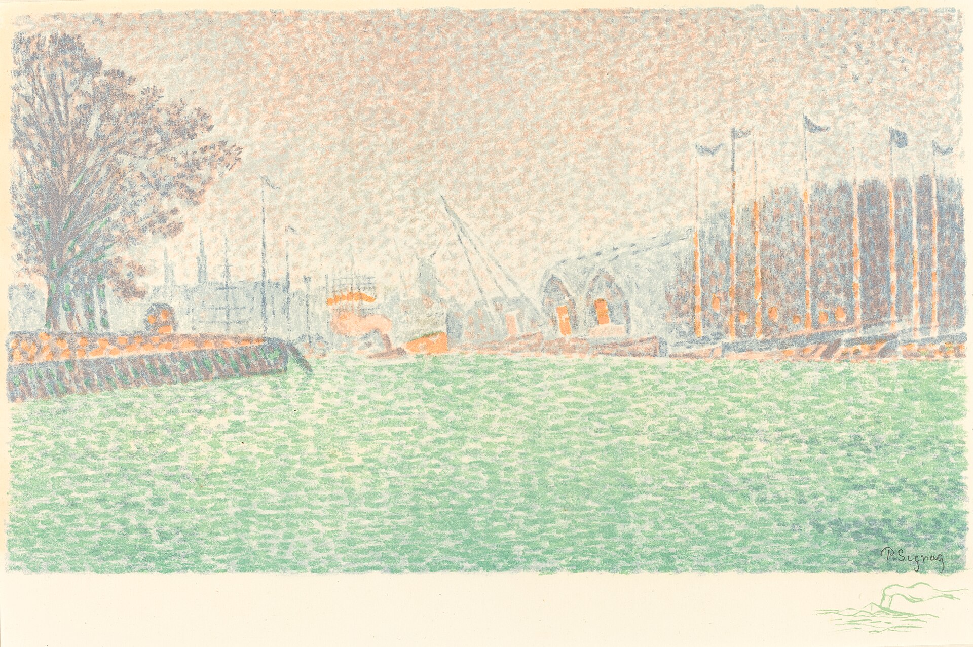 運河沿いの町と船を、淡い色の版画で描く。