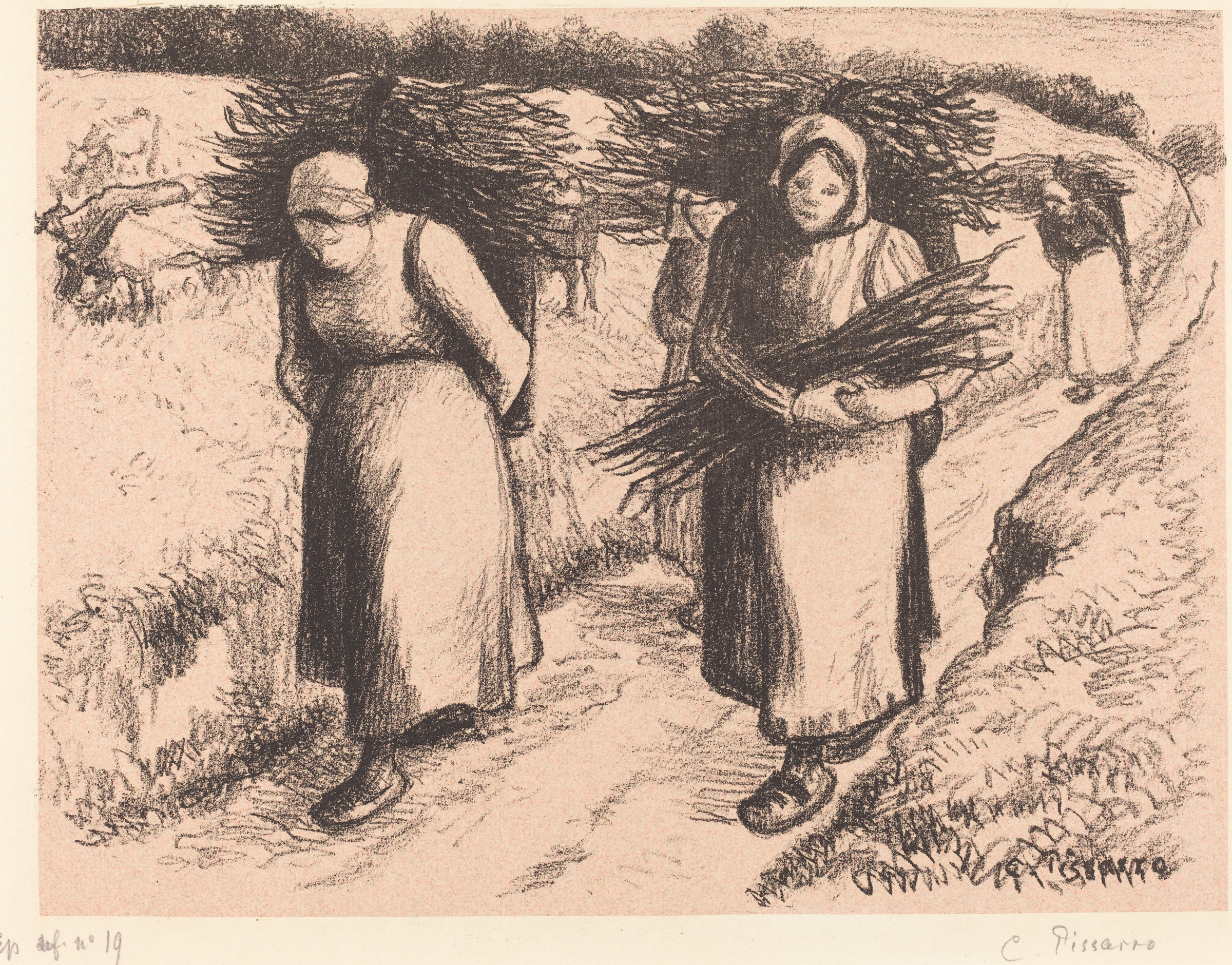 薪を肩に載せた女性と腕に抱えた女性が田舎道を進む横長の版画。奥にも小さな人物が続き、淡い紅色の紙と下の署名が見える。