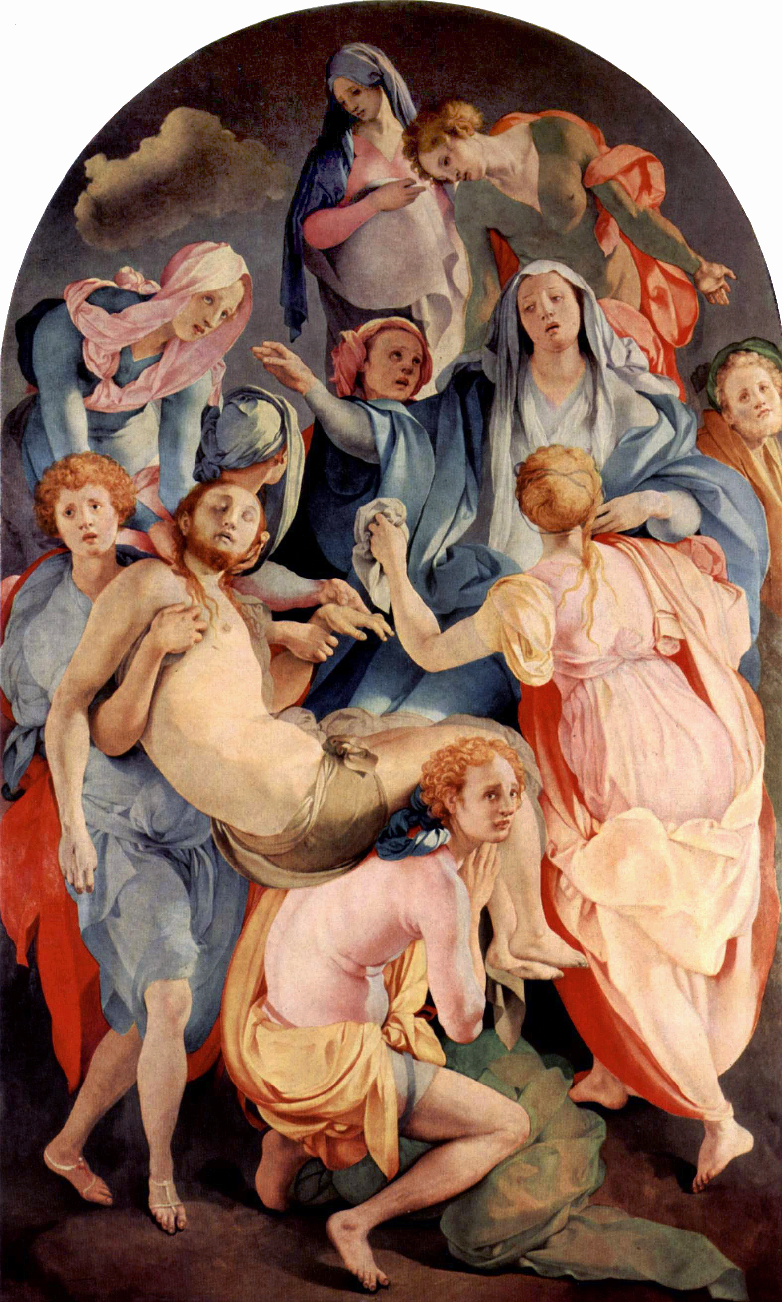 淡い桃色と青の衣の人々が、白い布の上のキリストを支える。上部がアーチ形の祭壇画。