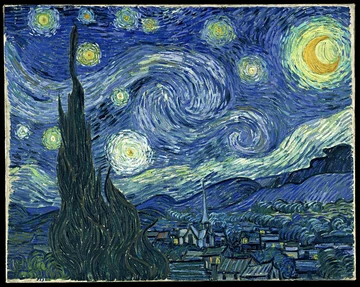 渦を巻く夜空に月と星が光り、下に小さな村と教会の尖塔。左手前に炎のような形の糸杉が立つ。