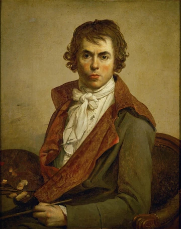 短い髪と白い襟のジャック＝ルイ・ダヴィッドが、絵筆とパレットを持つ1794年の自画像。