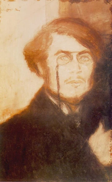 暗い服のピエール・ボナールが、赤褐色の背景の前で横を向く肖像画。
