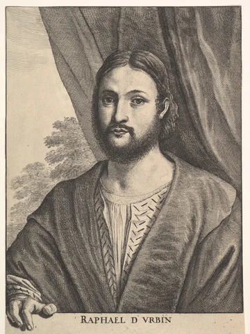 正面近くを向く長い髪と短い髭の男性を表した版画。ラファエロ本人の自画像原画ではなく、その図像に基づきヴェンセスラウス・ホラーが1651年に制作した。