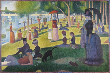 川沿いの公園に並ぶ人々、日傘、木陰。細かな色の点が画面を覆い、周縁に色の帯がある完成作。