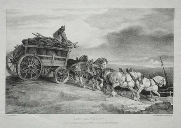 重い石炭車を引く馬と荷車のそばで働く人々を表す白黒の版画。