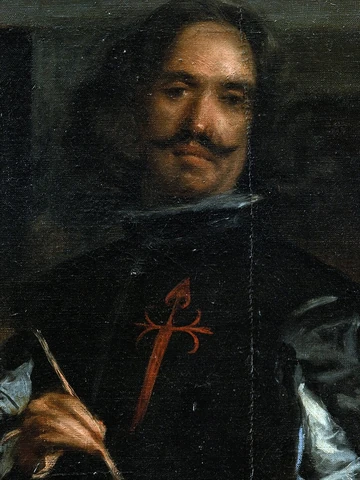 黒い衣装を着て筆を持つベラスケスの顔と上半身。1656年の《ラス・メニーナス》に画家自身が描いた姿から、人物識別用に切り出した画像。