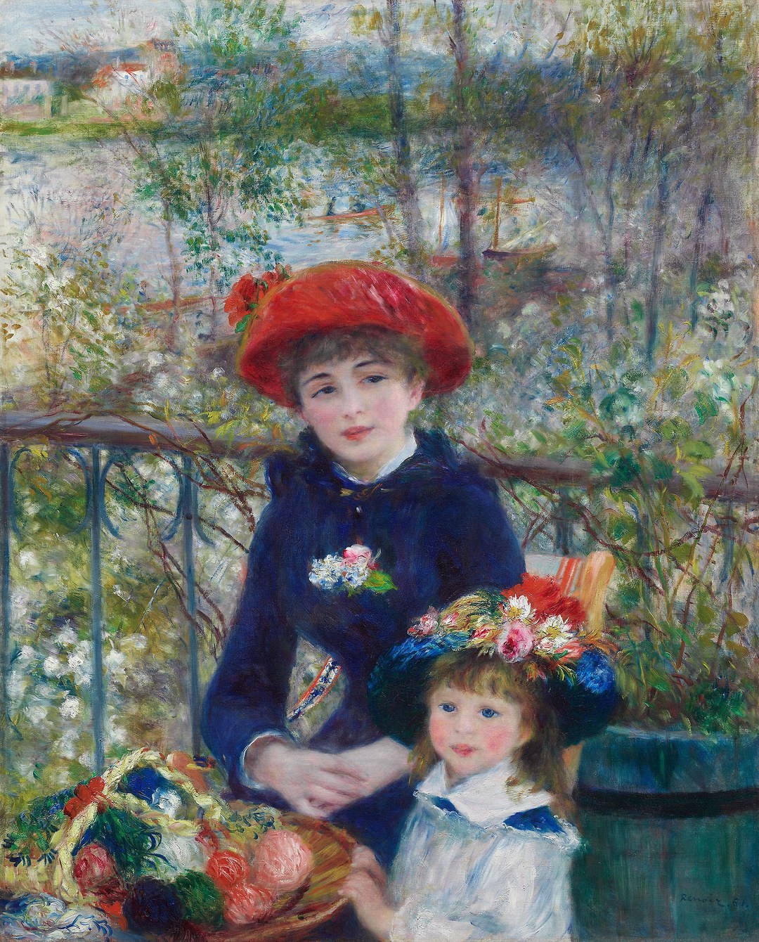 二人の姉妹。赤い帽子と深い青の衣服の女性、花飾りの帽子の少女が川辺のテラスにいる。