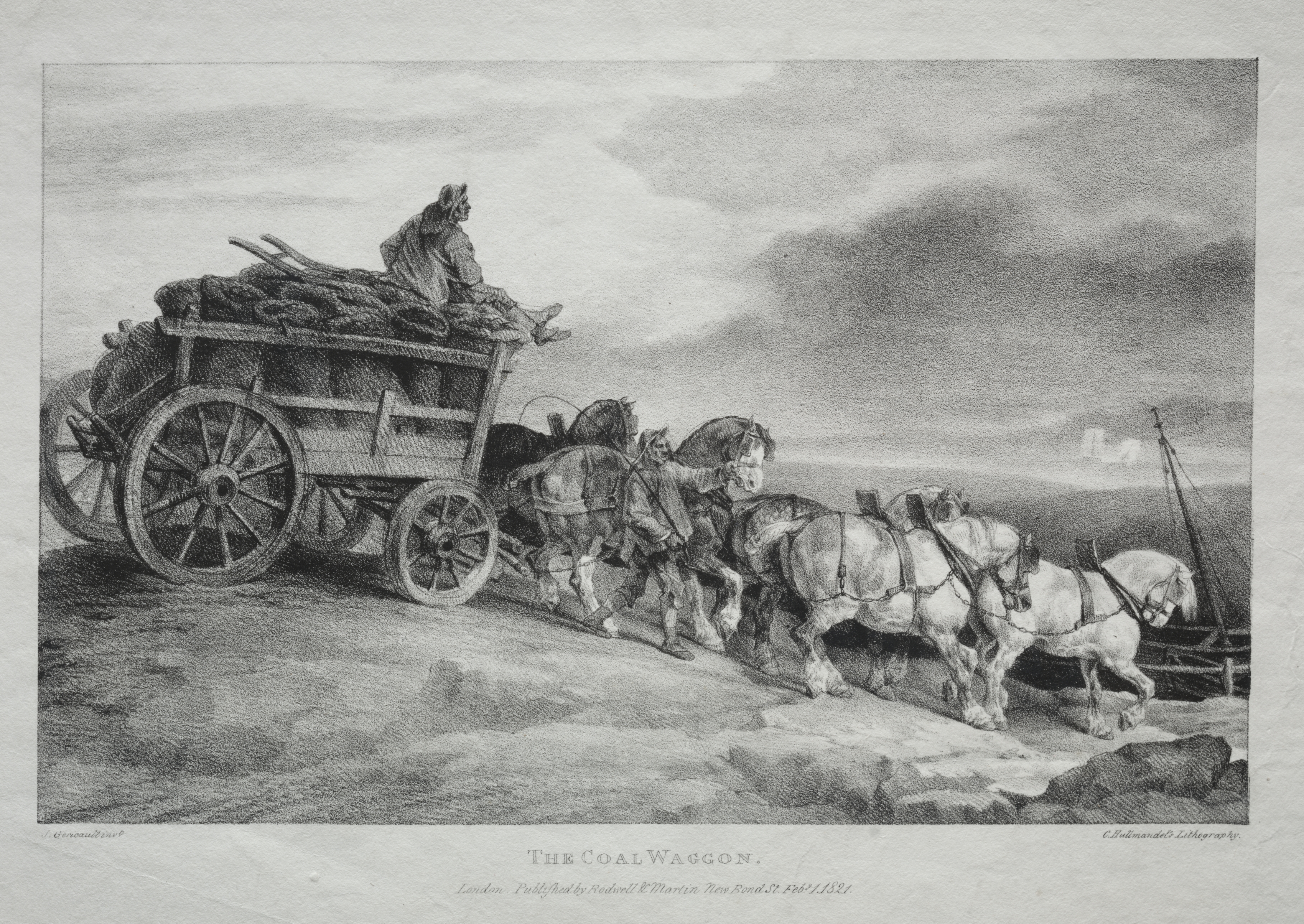 重い石炭車を引く馬と荷車のそばで働く人々を表す白黒の版画。