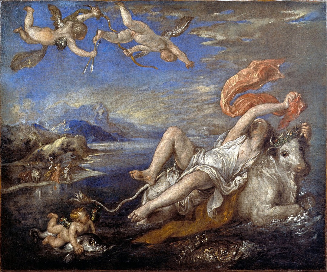 エウロペの略奪。海を進む白い牡牛の背でエウロペが赤い布を振り、岸の仲間へ助けを求める。