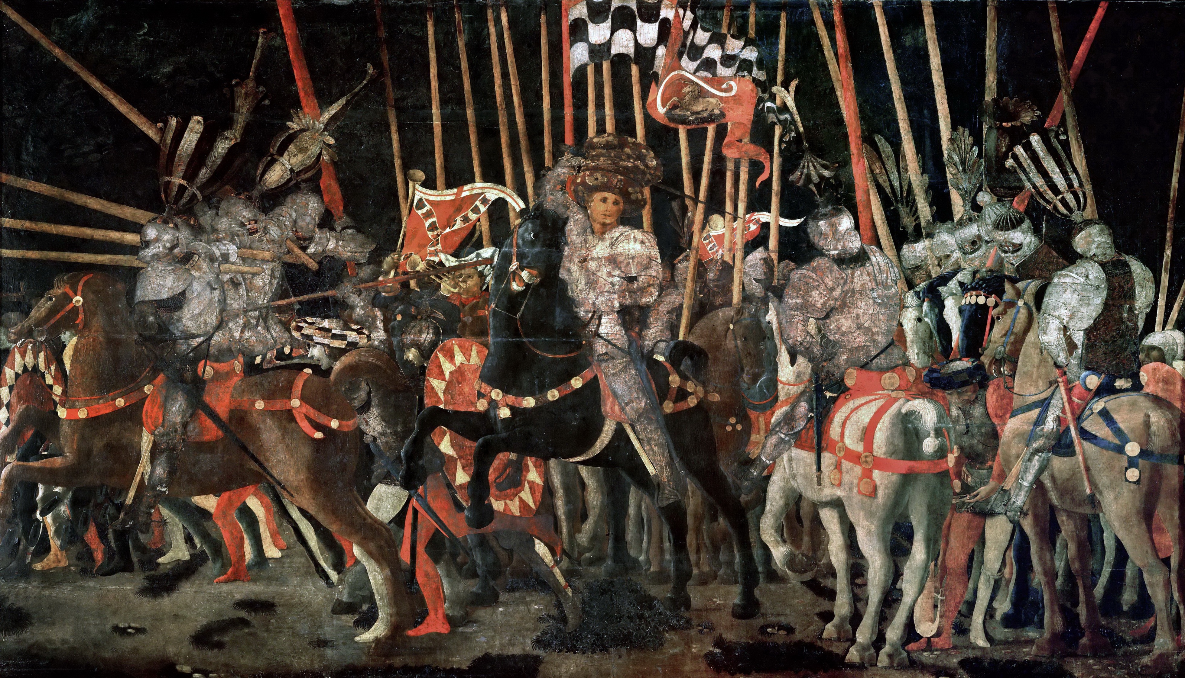 中央の黒馬に乗る指揮官を囲む騎士たち。左の斜めの槍と、右の垂直に立つ槍が対照をなす。